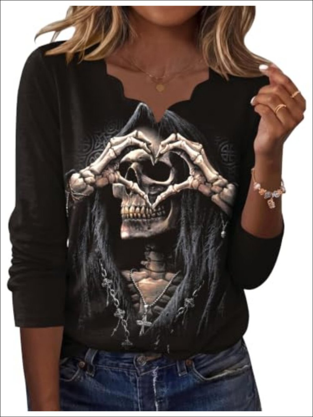 Women's Long Sleeve Scalloped V-Neck Graphic Pullover Top